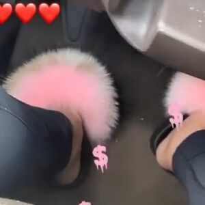Pink white and brown real fur slides